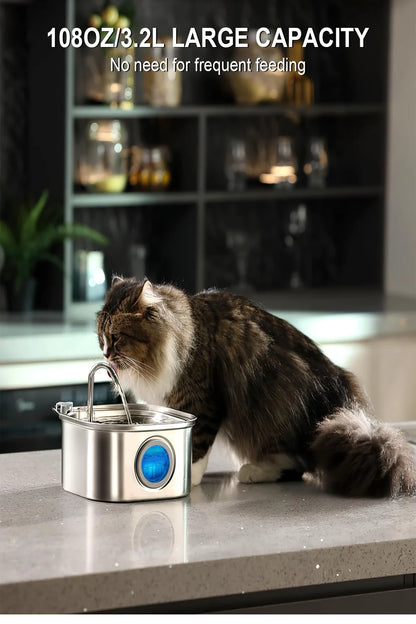 3.2L Automatic Pet Water Fountain - Stainless Steel Smart Dispenser with Visual Window for Cats and Dogs